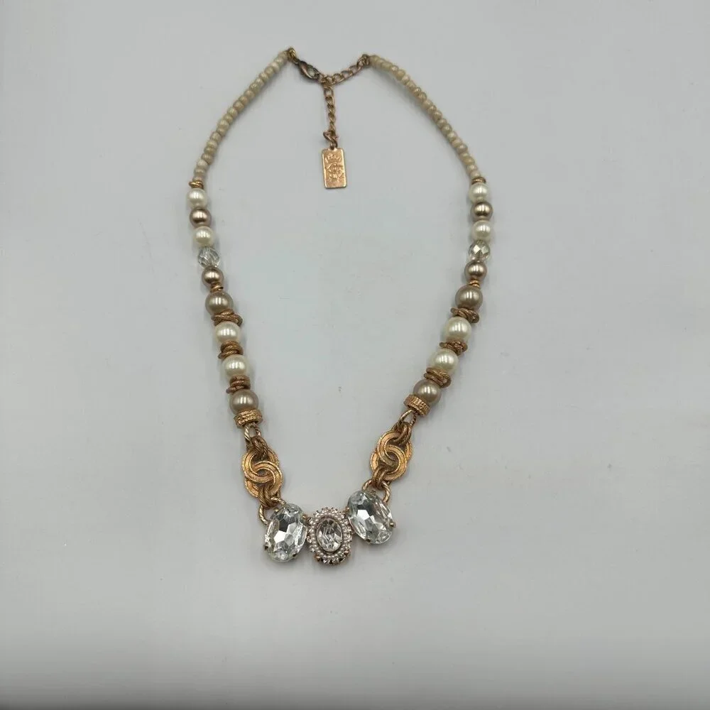 Elisabetta Ricciardi Necklace Rose Gold Tone Faux Pearl Clear Crystal Beaded 16